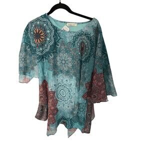 New Mandala Paisley Earthy Hippie Boho Sequin Indigo Soul Women's Flowy Blouse S